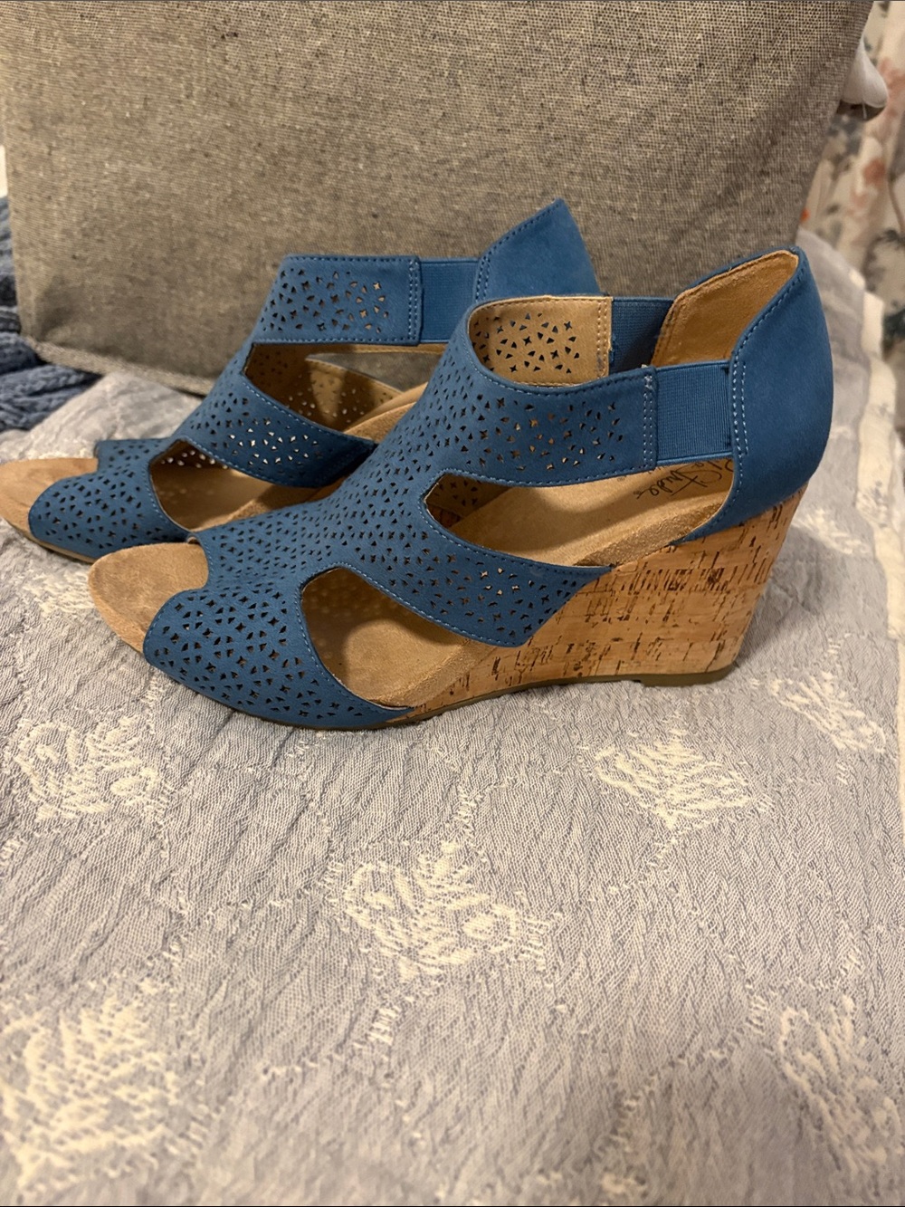 Life Stride Blue Laser-Cut Cork Wedge Sandals